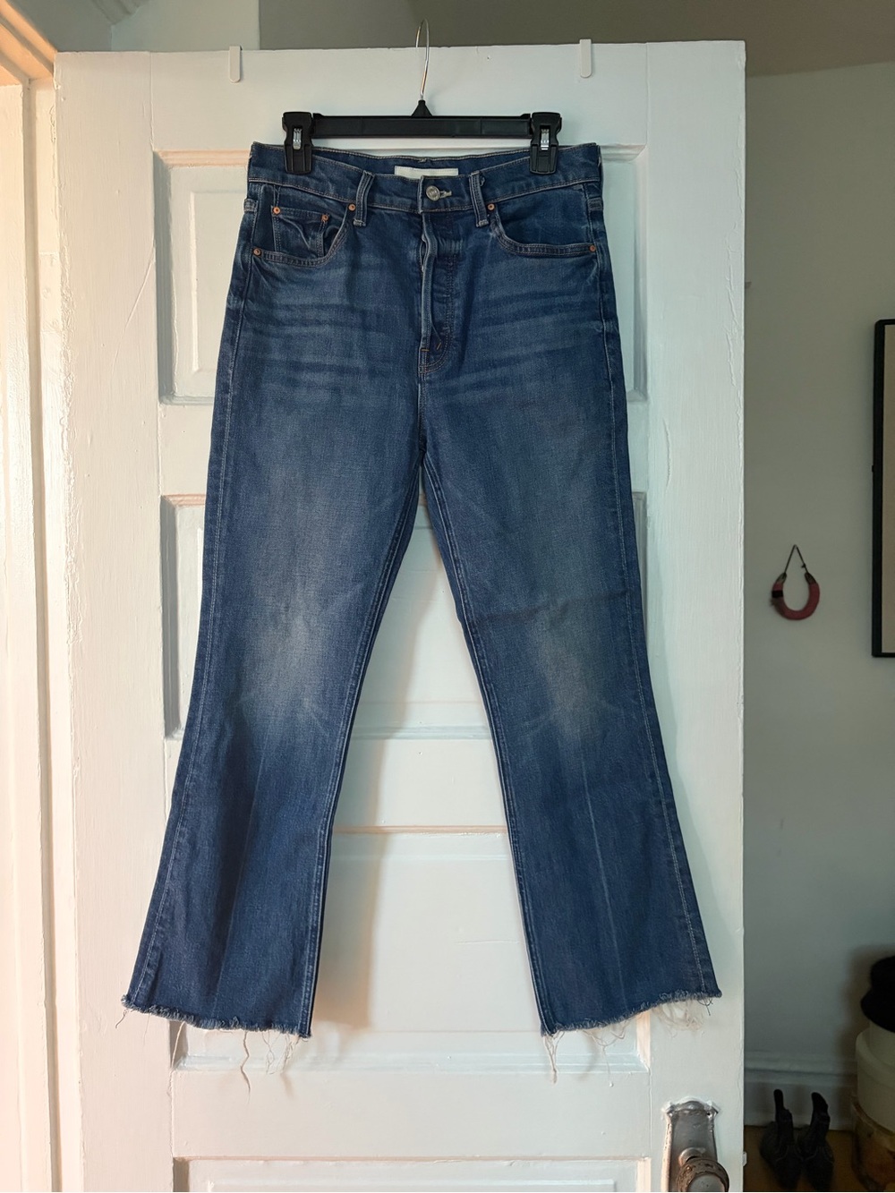 MOTHER Dark Blue Flare Jeans with Raw Hem